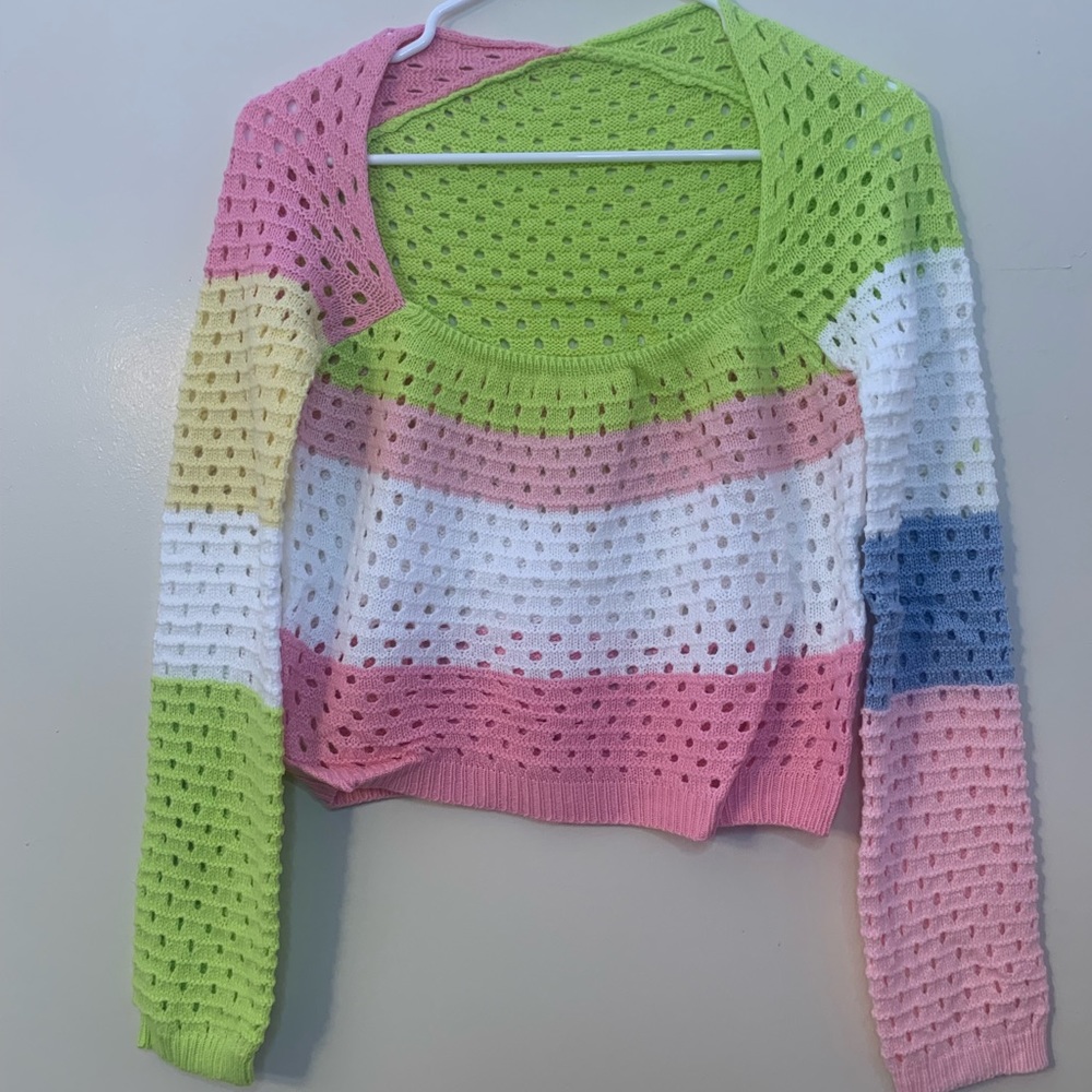 Springtime Knitted Patchwork Long Sleeve Crop Top - image 4